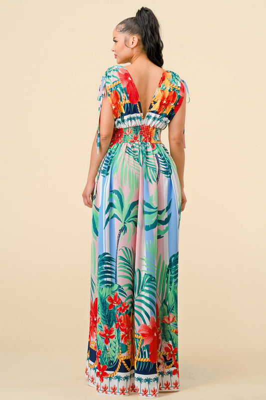 Long Cap Sleeve Tropical Print Maxi Dress